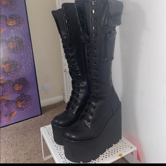 Dollzkill platform knee high combat boots with zipper compartments- - Picture 2 of 5